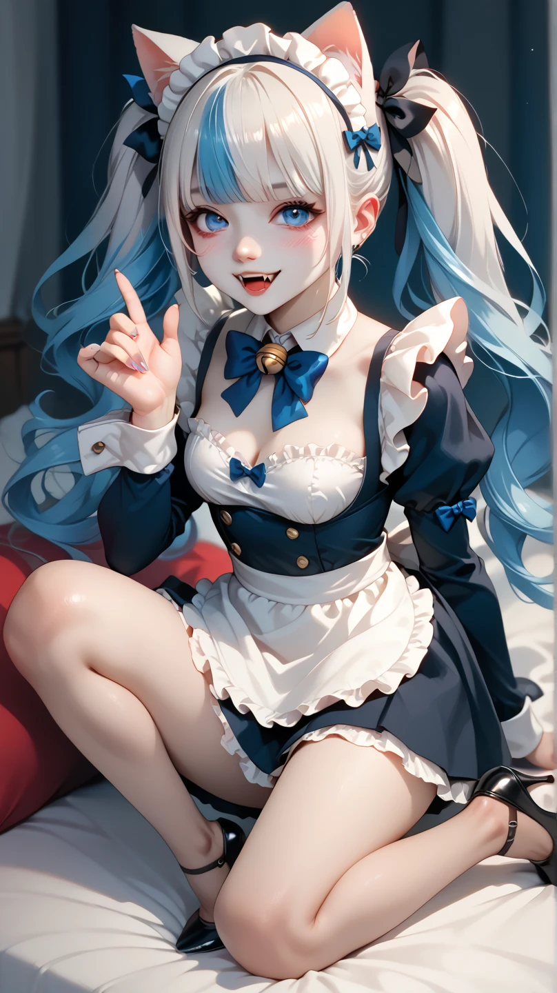 Cute shy teen maid in high heels, high definition , realism, Twin tails,  multicolored hair, cat ears, fangs, yandere,  pale skin, сидит на коленках, дочь и отец.