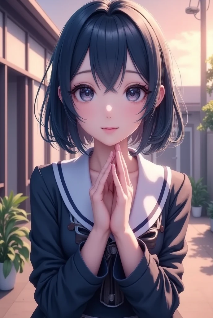 In the sunset,Twilight Sky,School building,Schoolyard,18 years old,Cute, double eyelids,  black haired short bob  ,  school blazer uniform, When I'm looking at the camera,smile, Bust up shot , Natural Soft Light ,( top quality,8K quality,​masterpiece:1.3),( super A high resolution, photorealistic:1.4, Original photo),( ultra-detailed, caustics , detailed background),( super realistic capture , Beautifully Detailed Skin,Perfect human body)