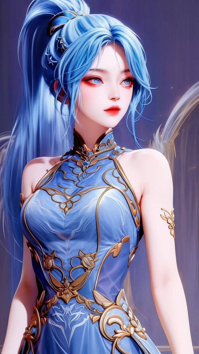 (masterpiece),(best quality:1.5),8k,absurdres,highres,
Xiaobai,1girl,solo, (short dress:1.3),breasts,closed mouth,(looking at viewer:1.5),long dress,pale skin,(side slit:1.2),
(sparkle:1.2),(glitter:1.1),(sunlight:1.2),slim legs,high heels,wind lift, (upper body:1.5), (standing:1.5), (Bare shoulders:1.3), long hair,
blue eyes,
hair ornaments,
(blue hair),
upper body,
(ponytail:1.3), braid, steel, lips,(blue dress:1.3), armor,