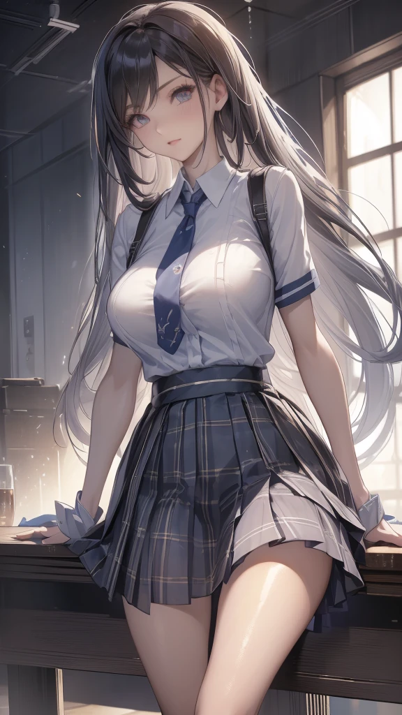 (masterpiece:1.2, top-quality), (realistic, photorealistic:1.4), beautiful illustration, 
looking at viewer, full body, front view:0.6, 
1 girl, japanese, high school girl, (long hair:1.5), blown hair, (half up, half updo), bangs, hair between eye, large breasts:0.8, 
beautiful hair, beautiful face, beautiful detailed eyes, beautiful clavicle, beautiful body, beautiful chest, beautiful thigh, beautiful legs, beautiful fingers, 
(beautiful scenery), , school,
((collared short sleeve shirt, white shirt, , grey plaid pleated skirt, blue plaid bow tie)), white panties, 
(standing, , lift up skirt, grab the hem of the skirt, hands on chest, hand between legs), 
blush, ,