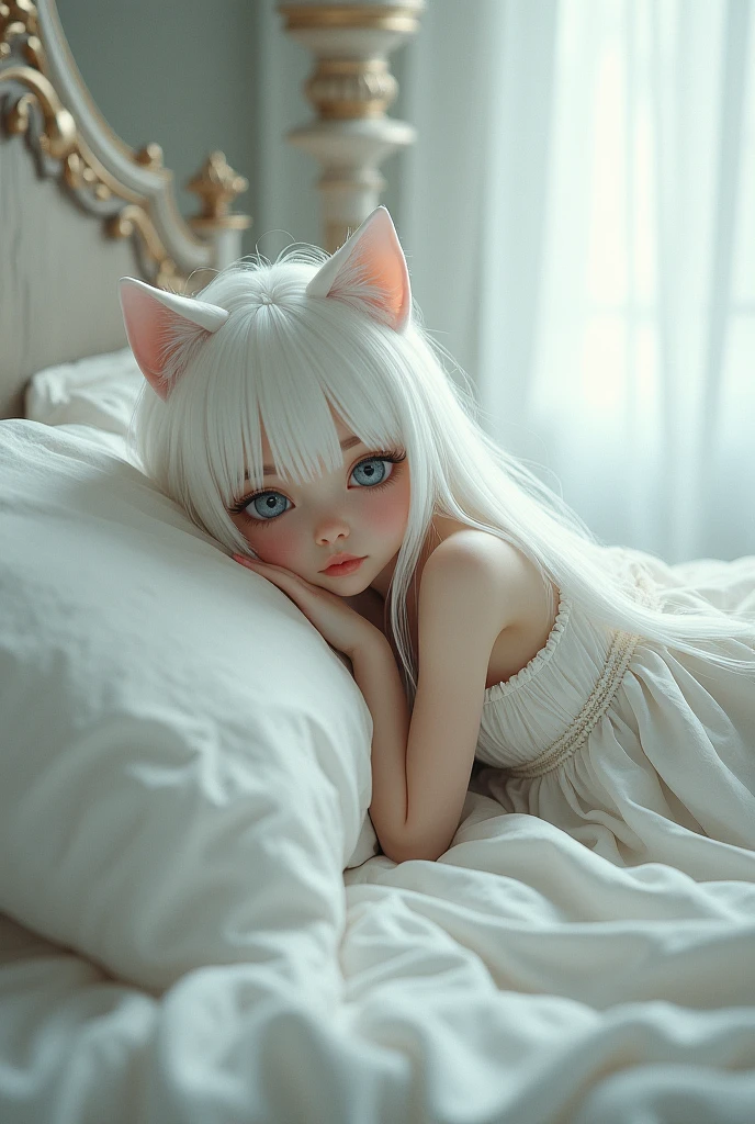 (solo girl, beautiful detailed eyes, long eyelashes, pastel pink long hair, blue eyes, light skin, fox ears, fox tail, dreamy atmosphere, soft and gentle lighting, ethereal background elements, serene expression, delicate features, delicate attire, peaceful and calm mood, artistic illustration, high-res, realistic rendering)