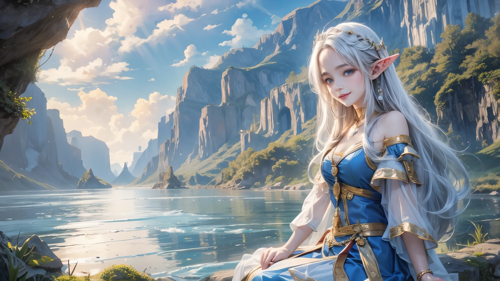 (master piece),(4k),high quality, small breasts,1girl,elf,long silver hair,pale skin,smile,white and blue costume,lakeside,(beautiful fantasy anime),film Lighting
