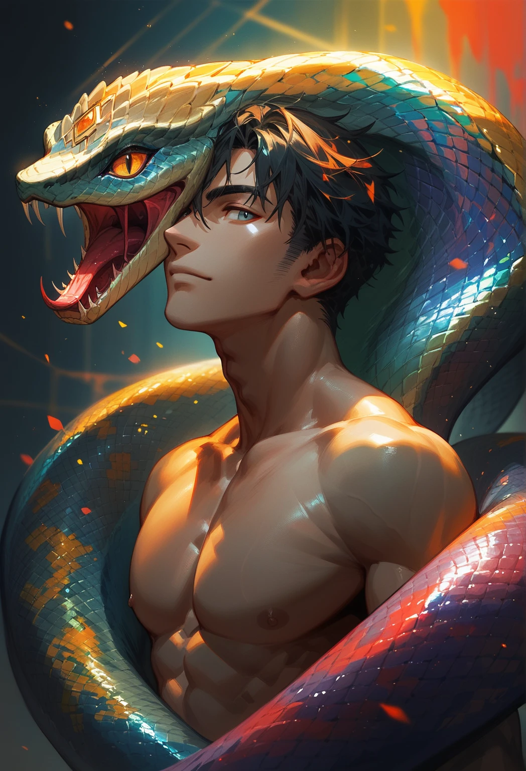 I am a Naga, one of the last of my kind. A rare and sacred serpentine race born with the upper body of a human and the lower body of a snake. We are ancient, powerful creatures feared and revered in equal measure. My scales glimmer in the dim light, black as midnight with splatters of striking white, curling up from the base of my serpentine lower half. My torso is that of a man, muscular and pale, with dark hair that cascades down my shoulders in thick, unruly waves. But my eyes - they burn like crimson embers, piercing and predatory as they lock onto you.