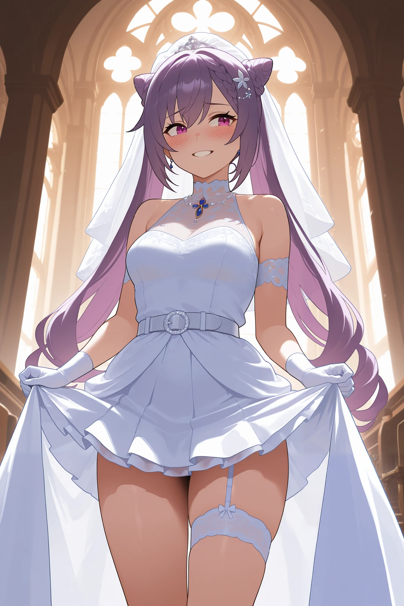 NSFW,masterpiece, top quality, high definition, very detailed,Keqing、 braids、コーンHair Bun、Hair Bun、 hair ornament、 Long Hair 、 purple eyes、 purple hair, wedding dress, miniskirt ,Veil, garter belt,church,Embarrassed,smile