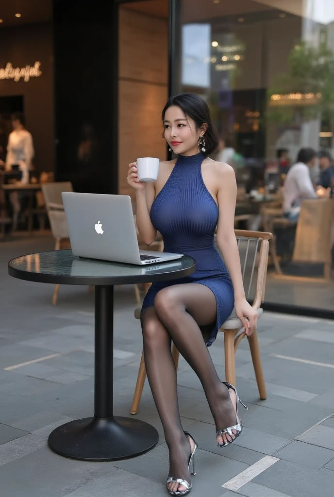 Character: 1girl,office lady,young beauty,short hair,asian,pretty,slim legs,sitting,legs_together,looking away. Clothing: halter dress, black shiny pantyhose, necklace,high heels. Scene: cafe,outdoors,cup,laptop. Atmosphere: cinematic_angle,from below,full body,bright,masterpiece,realistic,best quality,highly detailed,highres,plns,cem,Tutu Aurora 8D Pantyhose