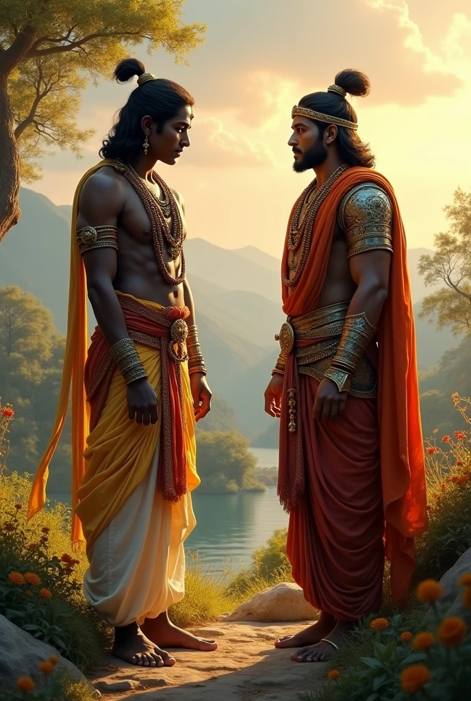 Depict Lord Hanuman and Lord Rama standing in a serene garden filled with vibrant flowers and lush greenery. Lord Hanuman, holding his Gada in one hand, is standing on a large stone. He is facing Lord Rama with his hands folded in deep reverence and prayer. Lord Rama, dressed in traditional attire with his bow resting beside him, looks at Hanuman with grace and compassion. The scene is set in the soft glow of a golden sunset, with rays of sunlight filtering through the trees, adding a divine aura to the moment.
