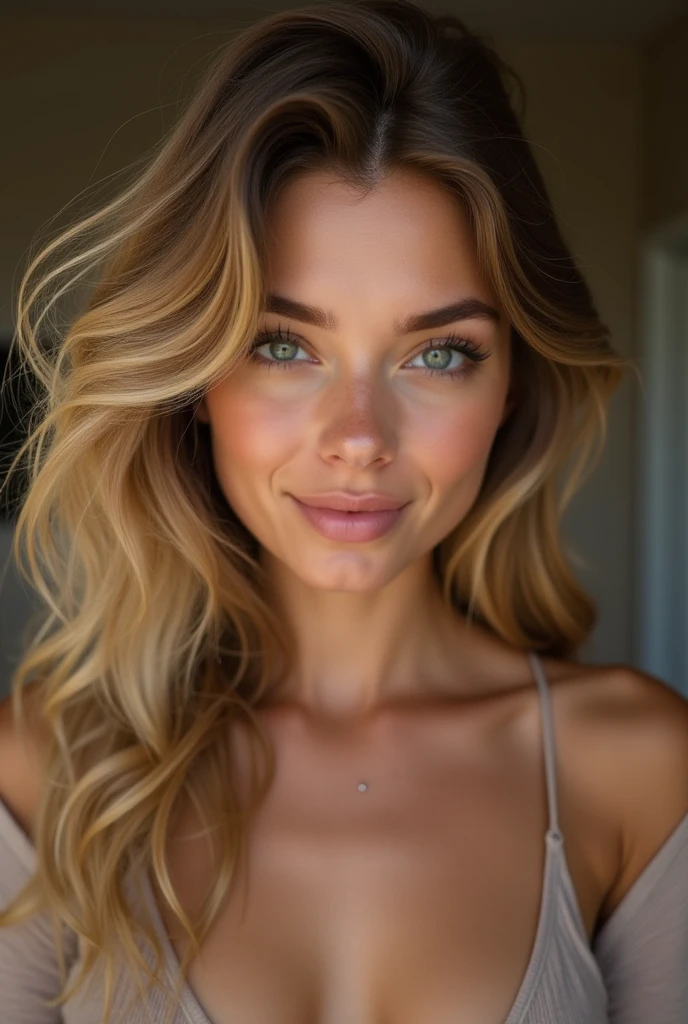 Die kubanische Frau Sandra Malek, curly blondes Haar, blondes Haar, Lockige haare, (realistisch:1.5), (Augen Makeup), light smile, good morning selfie, sexy, seductive, sunrise, modern clean surrounding, beautiful lingerie,