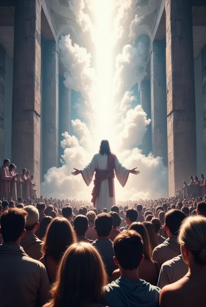  The image depicts a dramatic scene with a religious theme .  The image depicts a dramatic scene with a religious theme {x} A large group of people are standing facing a bright light source,  Perhaps representing God . In the center of the light ,  resembling Jesus Christ , A figure with a halo appears.  A person in the crowd々The images are diverse ,  There are men and women of all ages and backgrounds .  The overall atmosphere is awe-inspiring、Solemn . ,( top quality,8K quality,​masterpiece:1.3),( super A high resolution, photorealistic:1.4, Original photo),( ultra-detailed, caustics , detailed background),( super realistic capture , Beautifully Detailed Skin,Perfect human body)