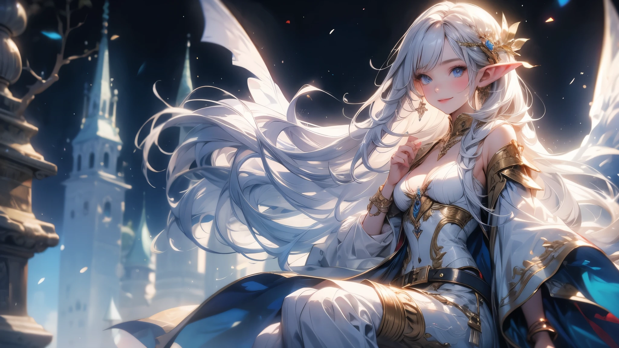 (master piece),(4k),high quality, small breasts,1girl,elf,long silver hair,pale skin,smile,white and blue costume,lakeside,(beautiful fantasy anime),film Lighting
