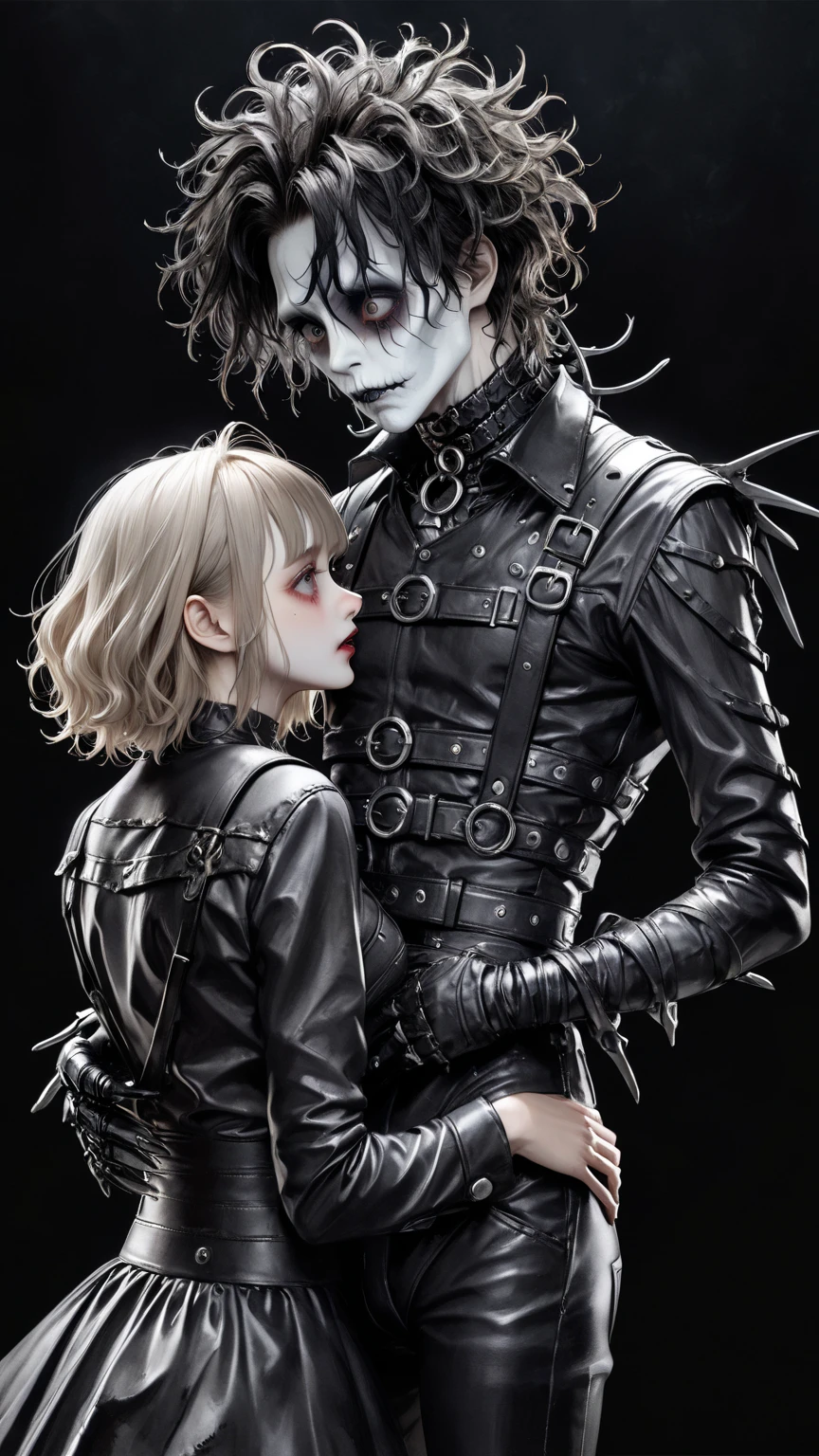 high res , masterpiece, Accurate,  top quality,  high res model,  high detail, Anatomically Accurate, Norman Rockwell & Tim Burton styl、Watercolor touch、 Edward Scissorhands、black leather costume、Skinny, fair-skinned man、alone,  dark background 、 fantasy、 Horror、 darkness、Gothic、men and women、2 people、