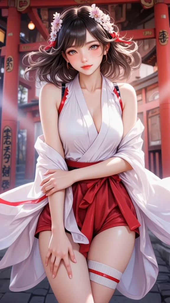 kawaii cute little young girl, loli-face, beautifully detailed (eyes, longeyelash, lips), thin delicate hair, bangs, hime-cut, tareme, light smile, closed mouth, head tilt, light skin, cleavage, huge-breasts, (voluptuous girl, sleeveless white miko clothes, detached sleeves kosode, red hakama short skirt, white thigh socks with red trim, skindentation, pose showing armpit, jumping, jinja, torii), vibrant colors, dynamic angle,