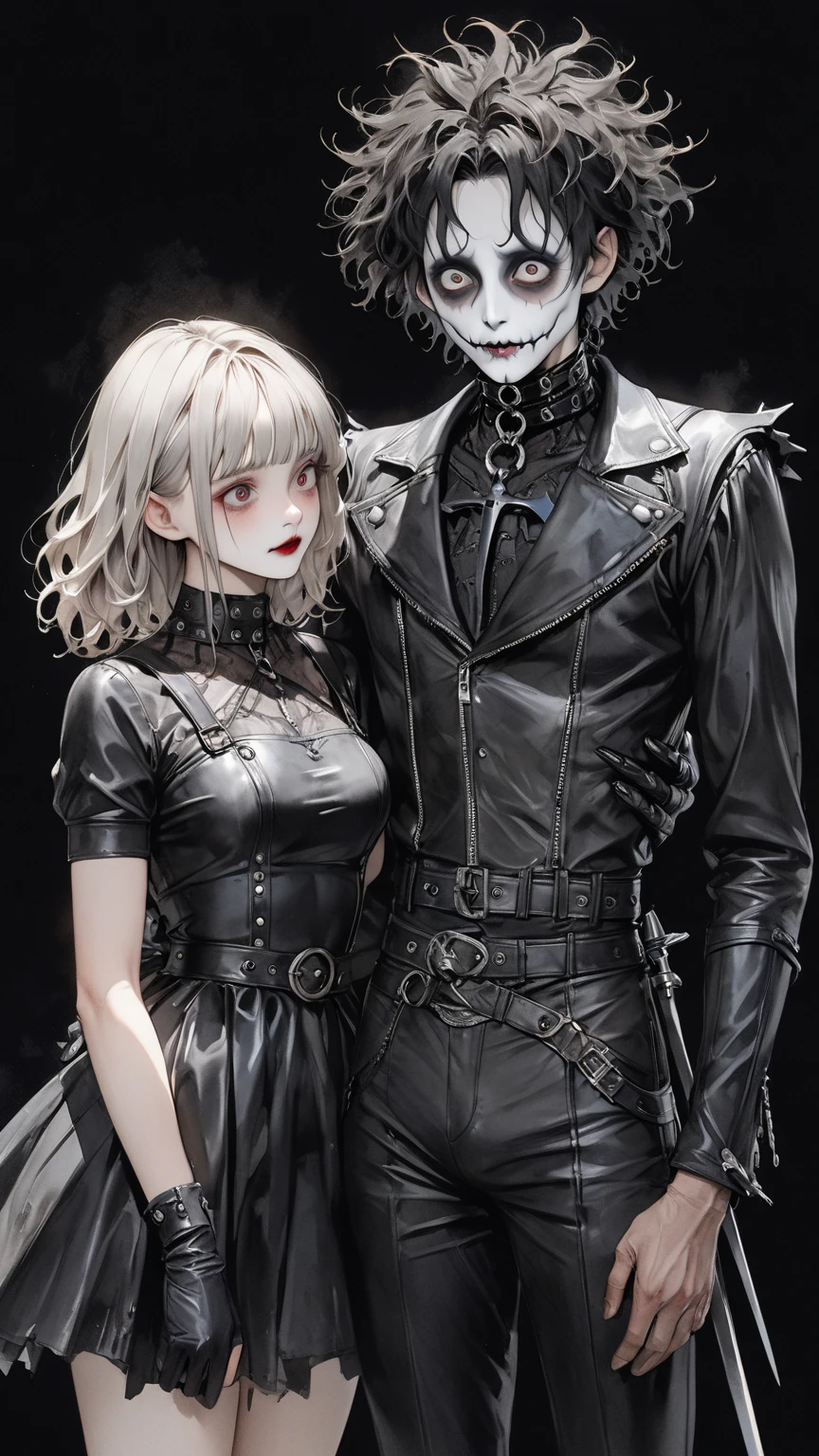 high res , masterpiece, Accurate,  top quality,  high res model,  high detail, Anatomically Accurate, Norman Rockwell & Tim Burton styl、Watercolor touch、 Edward Scissorhands、black leather costume、Skinny, fair-skinned man、alone,  dark background 、 fantasy、 Horror、 darkness、Gothic、men and women、2 people、