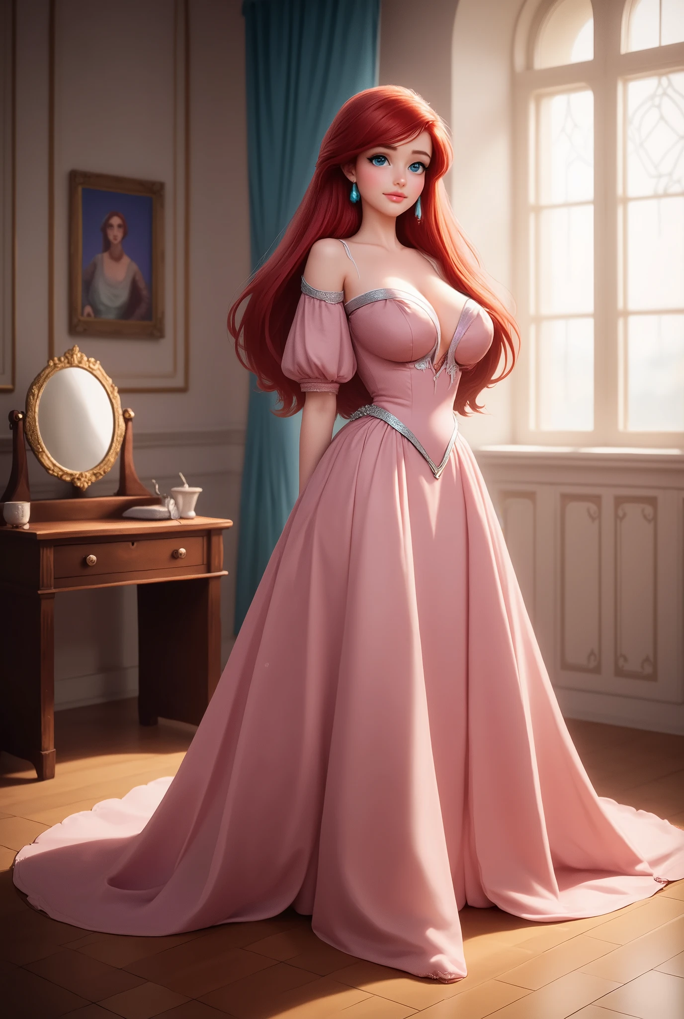 The image is a high-resolution photograph of a young woman with long, flowing red hair styled in loose waves cascading down her back. She has a fair complexion, large blue eyes, and a gentle, inviting smile. She is dressed in an elegant, off-the-shoulder pink gown with a fitted bodice and a flowing skirt that flares out slightly. The dress features a silver-blue embellishment at the neckline and a subtle sparkle effect, enhancing its royal appearance. She wears a pair of delicate, blue teardrop earrings that match the blue accents on her dress.
The setting appears to be a luxurious, warmly lit room with a wooden floor and a large window on the right, allowing soft sunlight to filter in, casting a warm glow. A wooden vanity with a mirror and a few decorative items is visible to the left, adorned with a golden frame and a blue curtain behind it. A small, ornate mirror and a painting with a purple frame hang on the wall behind her. The overall atmosphere is serene and regal, with a sense of warmth and elegance.