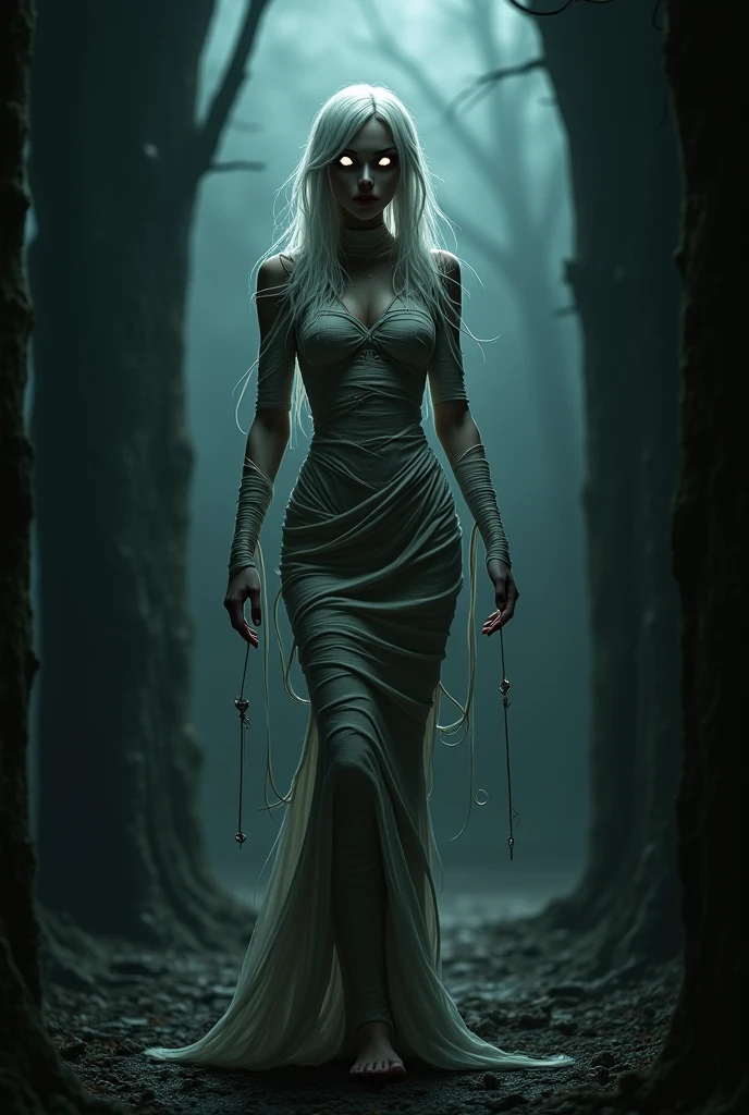 (a ghostly, ethereal, ethereal:1.1) young woman with (long, floor-length) (translucent, flowing) attire, resembling a cloak. She has (very long, flowing, cascading) hair that adds to her ghostly appearance. Her face is (gaunt, pale, ghostly), with a touch of (sorrow, mystery). The atmosphere around her is (gloomy, haunting), filled with (darkness, shadows). The setting is (dimly lit, candlelit), adding to the overall (obscurity, mysteriousness). In the background, there is a (sarcophagus, tomb, cemetery), partially (exposed, open). The scene exudes an eerie ambiance, with a hint of (nsfw, sensual) undertones, as if unveiling secrets from the past.