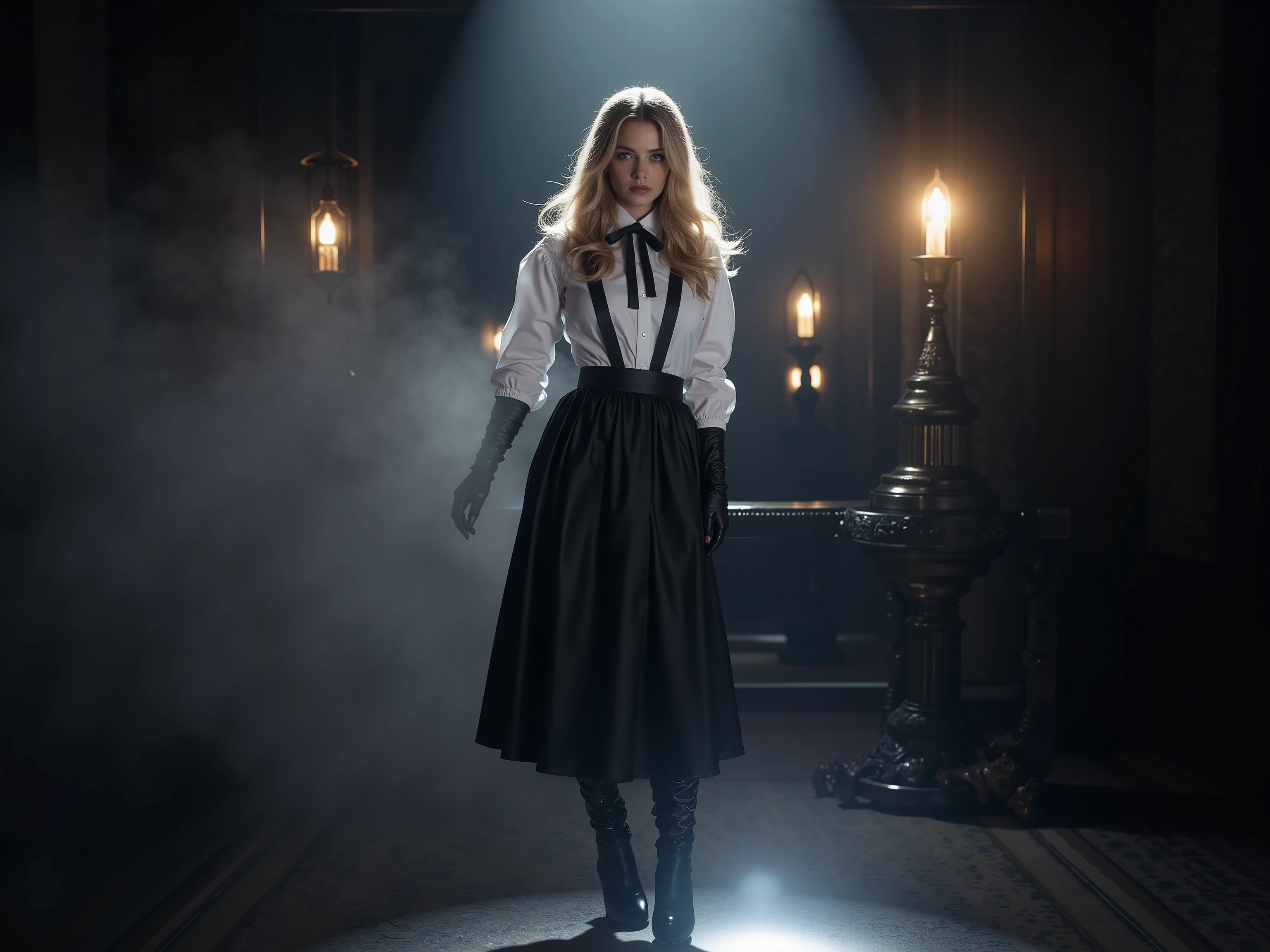 quality: (((masterpiece, cinematic composition, high quality 16K, 32K))), (8k, ultra-hyperrealistic :1.3), ( photorealism :1.2), (steampunk aesthetic). Scene:beautifull blonde maid-girl, in her uniform with blouse tie and black middle long skirt tucked in the blouse. She has long latex gloves and long leather heel boots. Shes touching her skirt. lighting: Gas lamps and the glowing scepter cast a dramatic light on her silhouette, while the rest of the room remains shrouded in shadow and steam. Stil: Seductive and majestic, a perfect mix of steampunk and mystical maiden aesthetic. a white light Spot from the ground in the front to the face and illuminates her nipples 