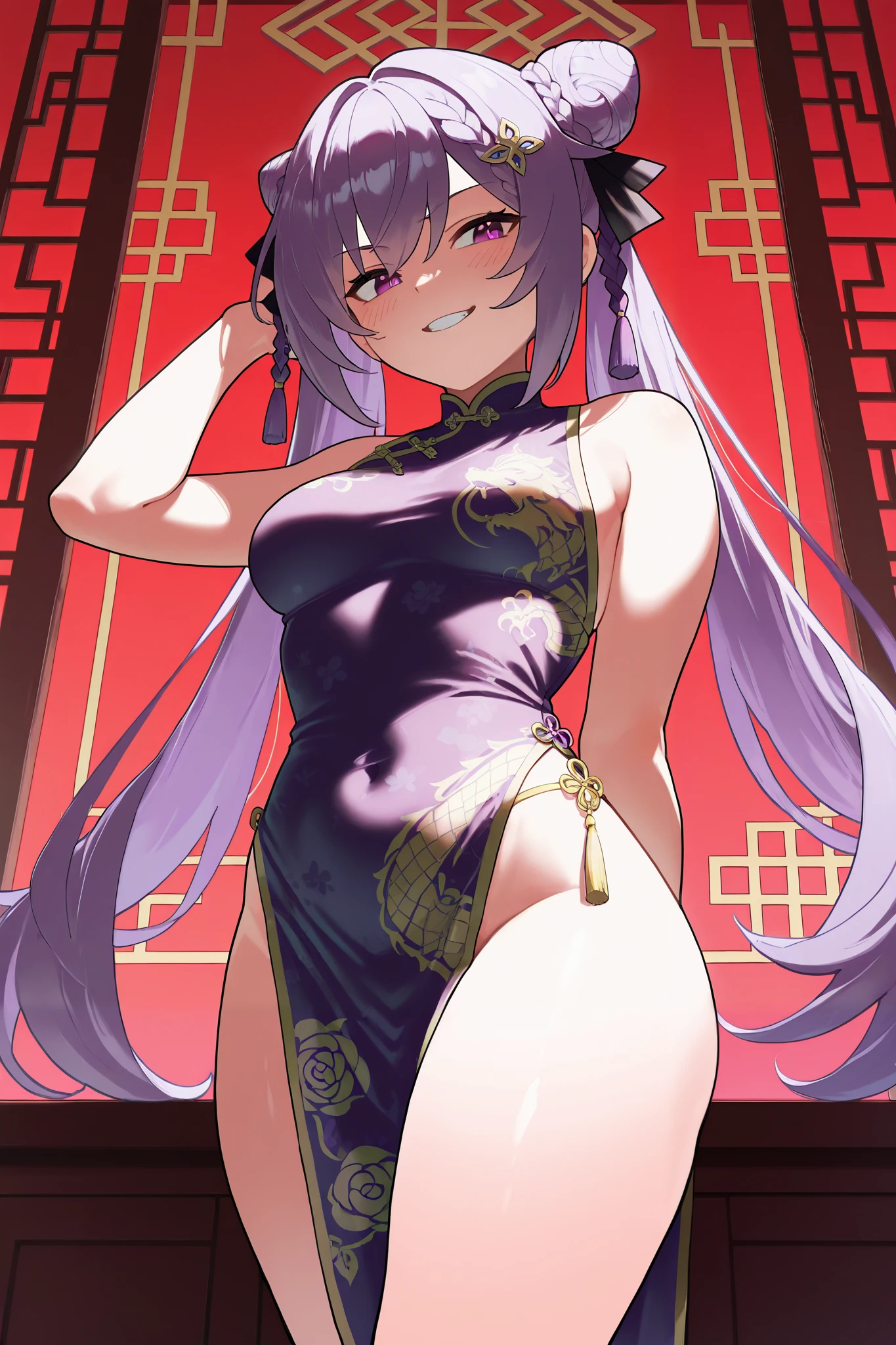 NSFW,masterpiece, top quality, high definition, very detailed,Keqing、 braids、コーンHair Bun、Hair Bun、 hair ornament、 Long Hair 、 purple eyes、 purple hair, china dress,Chinese style house, provocative smile , is standing