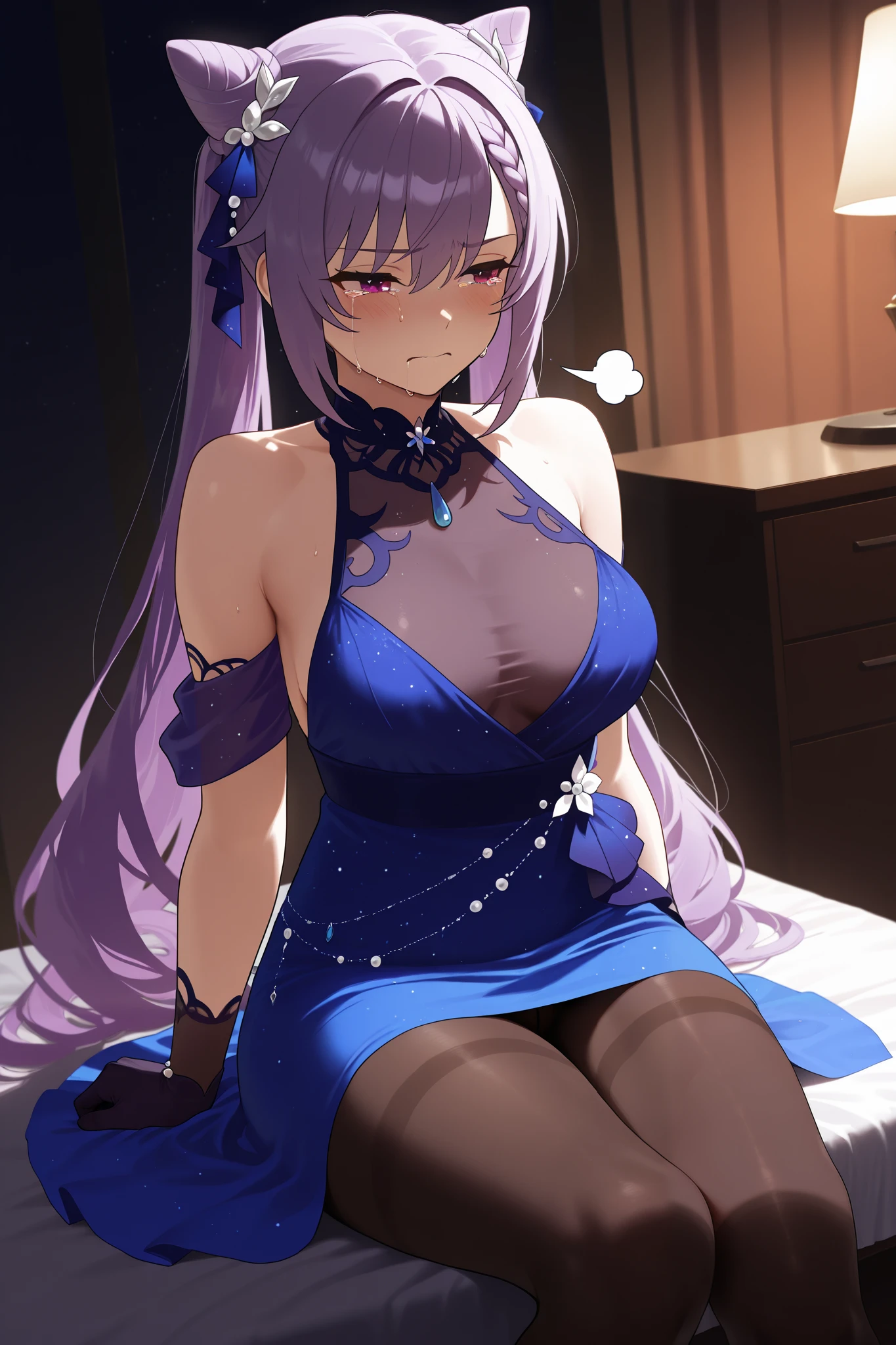 NSFW,masterpiece, top quality, high definition, very detailed,Keqing、 braids、コーンHair Bun、Hair Bun、 hair ornament、 Long Hair 、 purple eyes、 purple hair, Exposed Shoulders、 black pantyhose、Sleeveless、 dress、gloves,Office at night, crying face, exhaustion, I'm tired, sigh