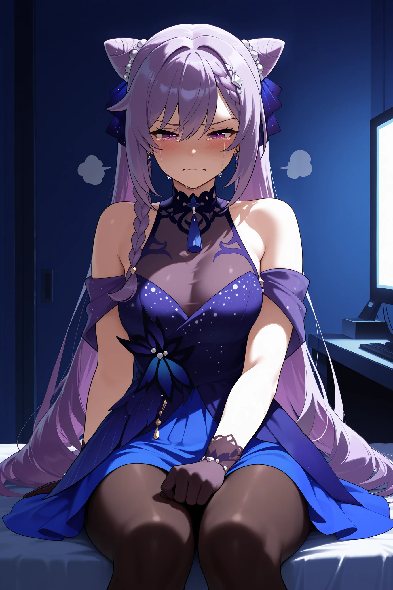 NSFW,masterpiece, top quality, high definition, very detailed,Keqing、 braids、コーンHair Bun、Hair Bun、 hair ornament、 Long Hair 、 purple eyes、 purple hair, Exposed Shoulders、 black pantyhose、Sleeveless、 dress、gloves,Office at night, crying face, exhaustion, I'm tired, sigh