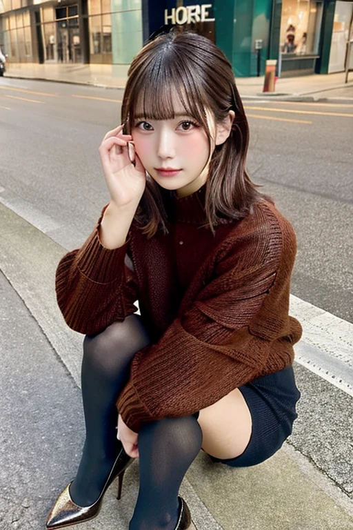 Photos taken by a professional photographer，Close-up of a woman squatting on the sidewalk with her legs crossed, Kiko Mizuhara, Wear a sweater, Shirahime、Brown hair cut, Wear a sweater, Young and pretty girl, Japanese Model, 白いWear a sweater, Chiho, ランダムカラーのカジュアルなWear a sweater,Cute eyed waves for short hair, a Cute young woman, Cute young woman, Black Pantyhose，Black tights，Black high heels，I can see a little bit of my butt、The edges of her lace panties are showing