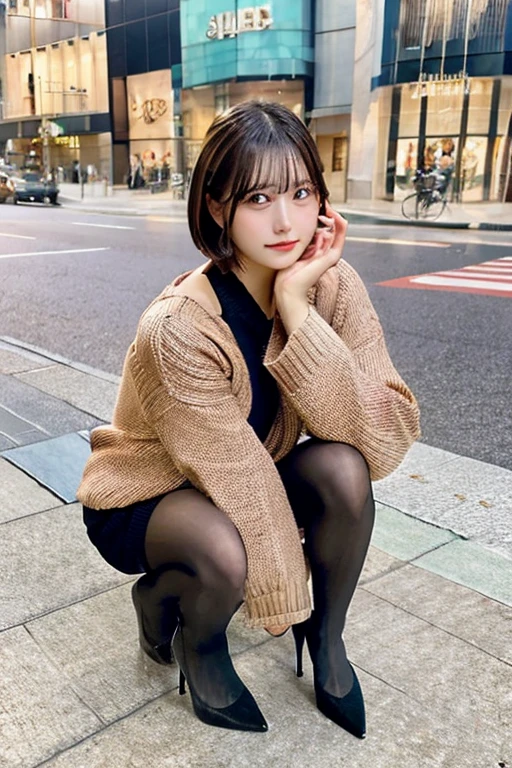 Photos taken by a professional photographer，Close-up of a woman squatting on the sidewalk, Young and cute Japanese model, Wearing a random color casual sweater,Short brown hair with side waves, Black high heels，nice smile、