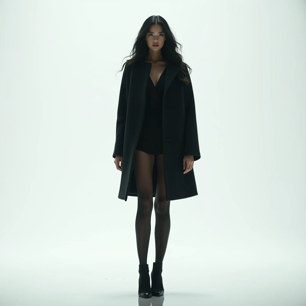 Realistic photo of a 12yo girl in a leather jacket and black pants, jacket over bare torso, she is wearing a wet coat, skintight jet black leahter coat, no panties, well lit room
