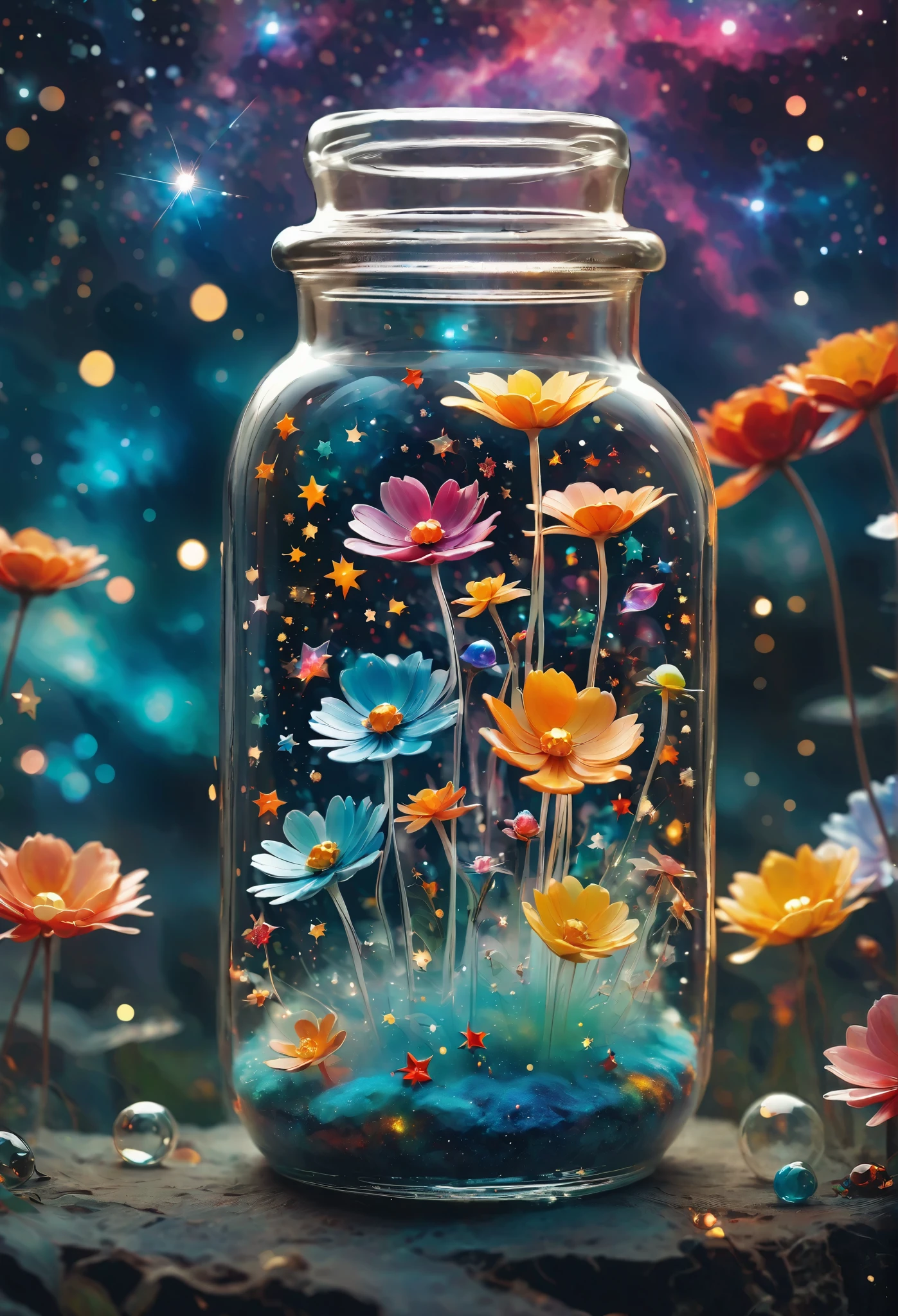 
Create a lolipop lightstick with Close-up of glass jar, Starry sky in a jar, miniature cosmos, Twinkling stars, Colorful Nebula, galaxy, Cosmic dust, Glass reflection, Surface distortion, Background starry sky, Compared, depth, magic, Ethereal Light, Ultra Detailed, Dark background, Paradise beauty, Macro Photography