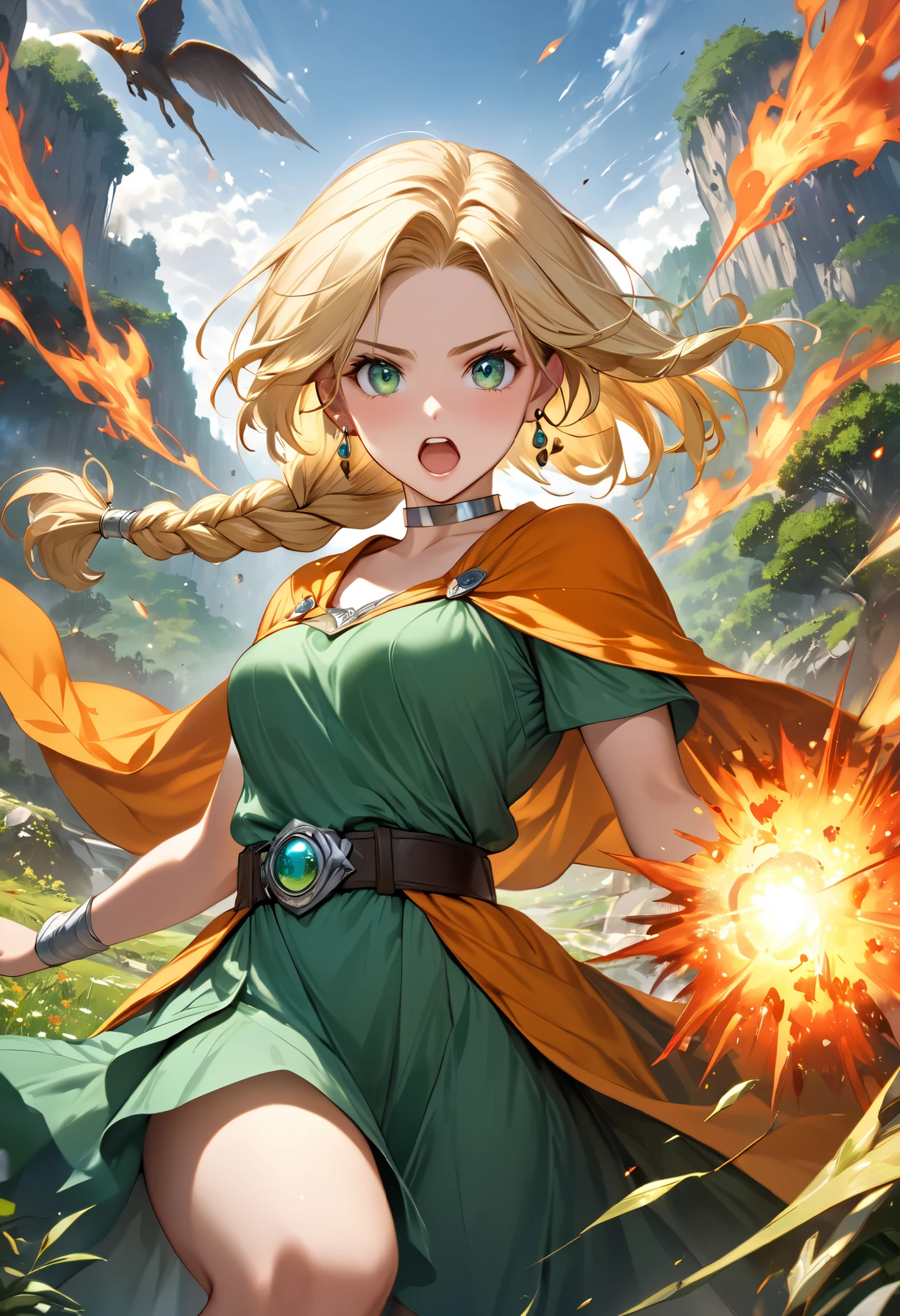 ultra-realism, illustrative realism, Epic fantasy art with magical creatures and lush landscapes, 1girl, solo, DQ Bianca, single braid, hair over shoulder, earrings, silver choker, orange cape, green dress, belt, from front, cowboy shot, looking at viewer, blonde hair, beautiful face, featuring delicate features, smooth skin, and captivating eyes in anime style, BRAKE unleashing a fiery explosion towards their enemy in a dramatic battle scene, Shouting with an open mouth,