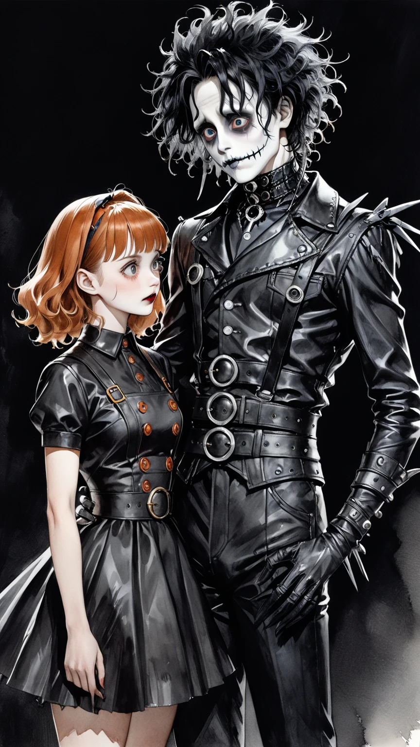 high res , masterpiece, Accurate,  top quality,  high res model,  high detail, Anatomically Accurate, Norman Rockwell & Tim Burton styl、Watercolor touch、 Edward Scissorhands、black leather costume、Skinny, fair-skinned man、alone,  dark background 、 fantasy、 Horror、 darkness、Gothic、men and women、2 people、50s style illustration、