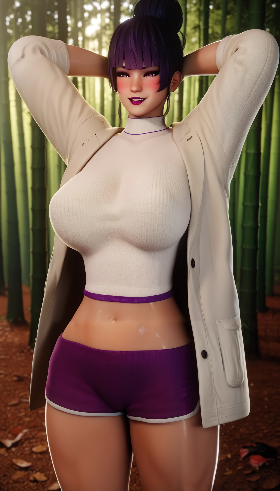 Score_9, Score_8_up, Score_7_up, bouqtm, 1girl, nyotengu, single hair bun, purple eyes, huge breasts, BREAK glow effects, godrays, Hand drawn, render, 8k, octane render, cinema 4d, blender, dark, atmospheric 4k ultra detailed, cinematic, Sharp focus, big depth of field, Masterpiece, colors, 3d octane render, 4k, concept art, trending on artstation, hyperrealistic, Vivid colors, extremely detailed CG unity 8k wallpaper, trending on CGSociety, Intricate, High Detail, dramatic, BREAK half-closed eyes, shoes, dolphin shorts, sneakers, purple shorts, short shorts, coat, open coat, midriff peek, thighs, turtleneck, long coat, white coat, sweater, long sleeves, white sweater, nature, forest, bamboo forest, bokeh, spotlight, seductive smile, blush, lips, standing, arm behind head