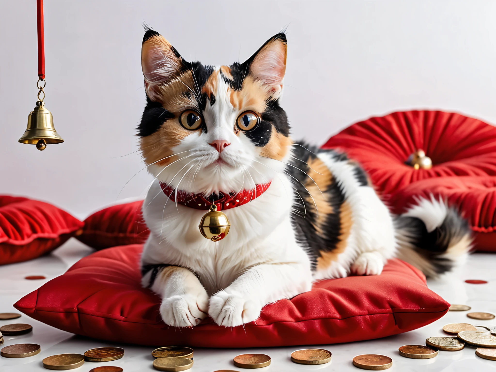 standing on its back leg 、 front view of a calico cat sitting on a red cushion in a beckoning pose with its right front leg。 wearing a red collar with a bell 。There are a lot of coins falling on the floor。