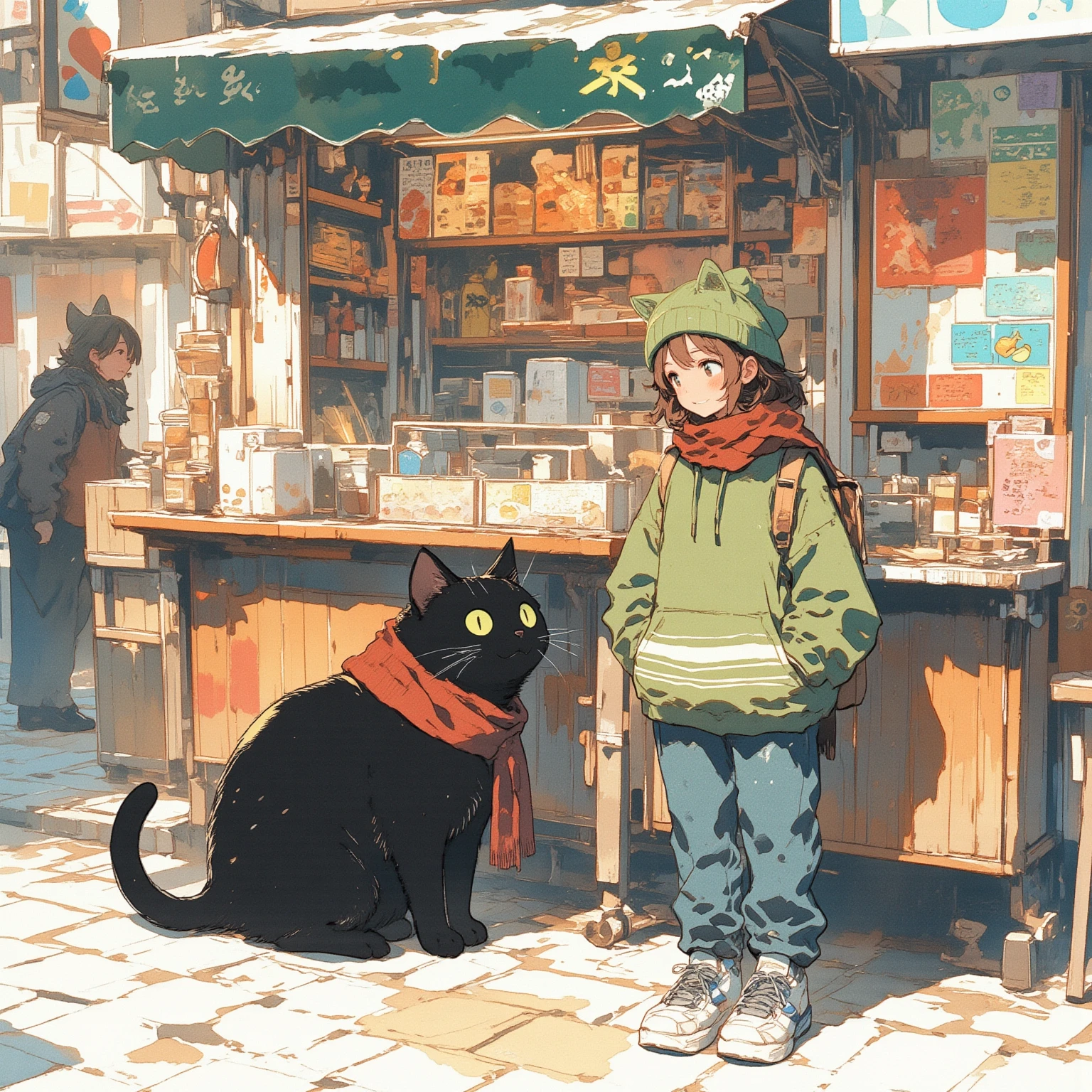 Watercolor painting illustration, A big-black-cat and A cute-young-lady are chatting happily in front of the food stall. A big-black-cat is 1cat\(A fat furry male black cat, Bipedal,wearing a reddish brown woolen scarf, His Ears tilted back and spread out to the sides, drooping ears, Slit yellow eyes, slit eyes, slit yellow eyes\), A cute-young-lady is 1lady\(brown hair, asymmetrical hair, Lime Green eyes, smile, Cat ear knit cap, A light green horizontal striped hoodie, denim pants, sneakers, no tail\), Cobblestone pavement of Street Food Stall in winter city, long shot, from above