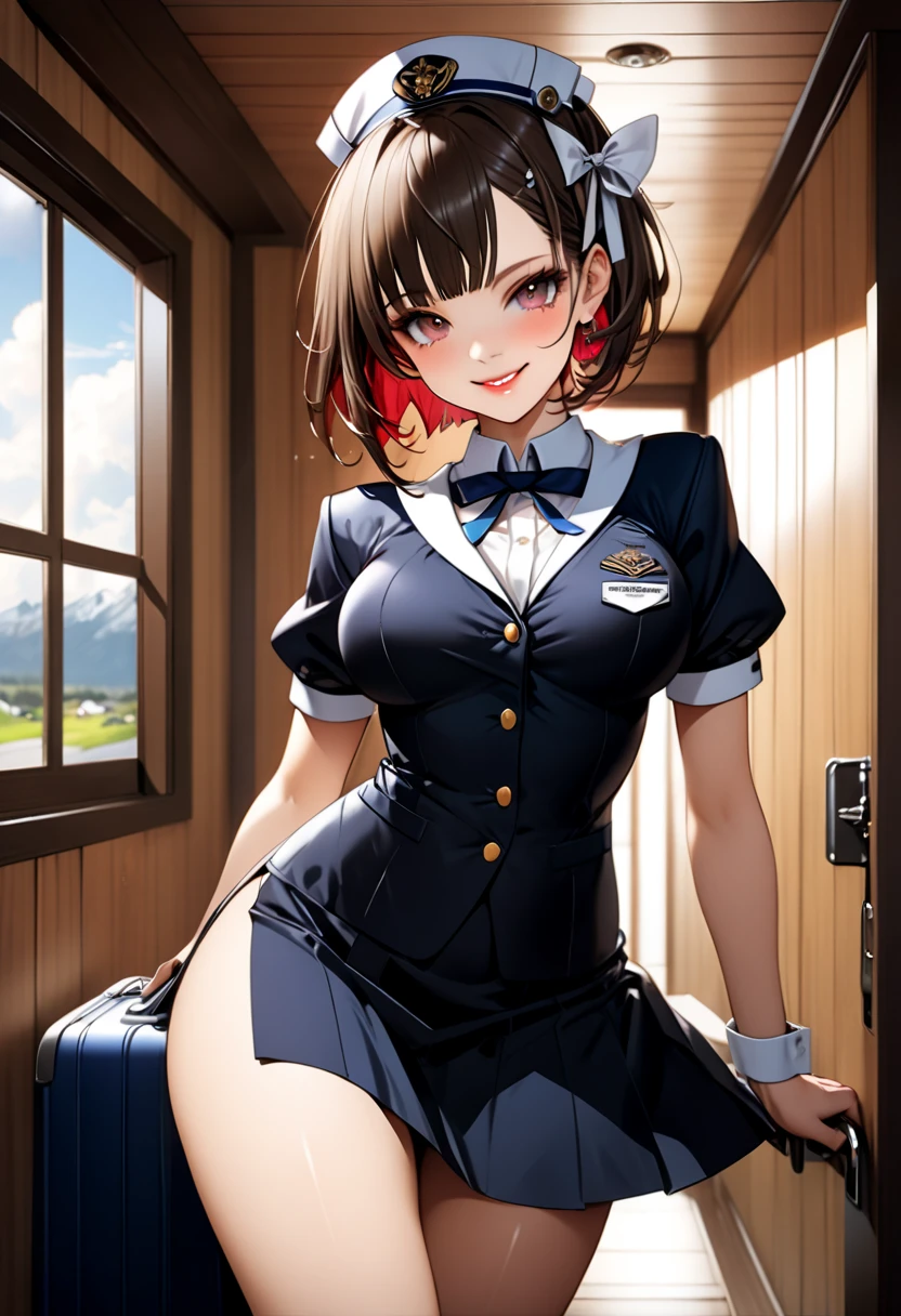 Masterpiece,  high detail, the most  porn graphic  airline stewardess in the world, (( porn graphic )), in  cabin attendant costume,   Brunette Shorthair , Bob Hairstyle, foot, ((( medium bust 1 .9)))  thighs, Wide Hips ,  cabin attendantドレス,  slender body, Smiling Lips, (( cabin attendant)) (超 high definition, 8k wallpaper,  high definition),  cinematic lighting,  PHYSICAL BASED RENDERING ,  Award winning , Extremely detailed skin,  detailed face ,  high-detail eyes ,  Carl Zeiss 85mm F /1.4,  by Ellen von Umwelt