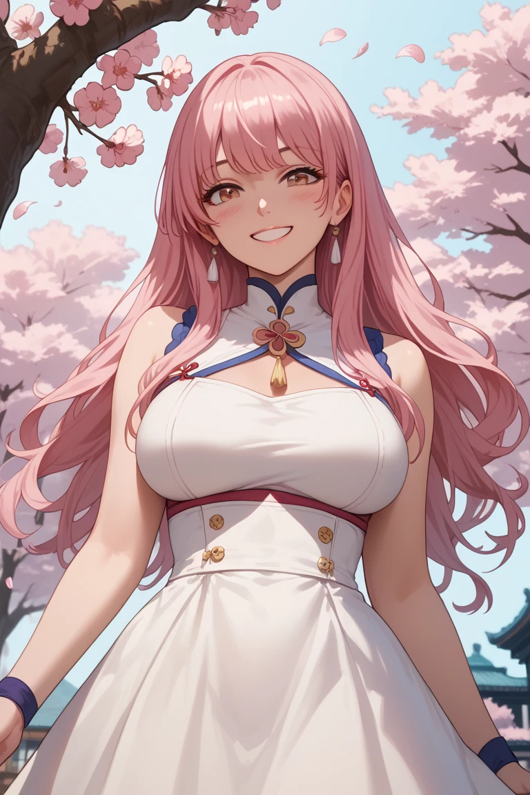 (( top quality)), (( masterpiece)), ( be familiar with ),  Perfect face,  Cherry tree , Long white dress  smiling at the spectator  ,
 A woman , Era,
    with an ecstatic expression , blush, smile,
  small  ,   big breast, woman in,  ****,  
  long hair,   Long light pink hair long bangs in the middle brown eyes 
WOMAN ADULT