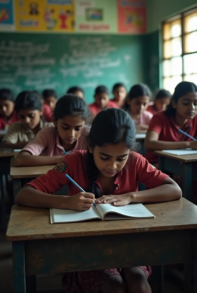 Doctor wearing apron writing in exam hall boy "Wasim" girl "sifa" on background