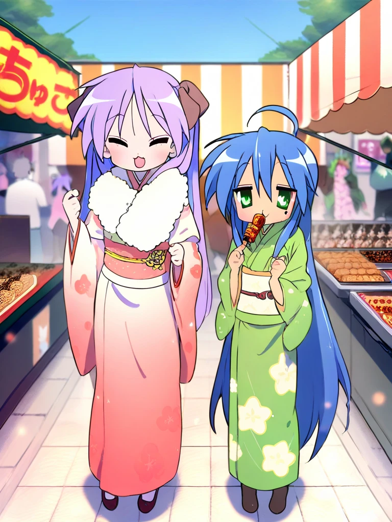 masterpiece, best quality, two girls, misaka mikoto, toaru kagaku no railgun, shirai kuroko, toaru kagaku no railgun, Furisode, These women happily eat their way through the food stalls where people are passing by., Street Food Stall,