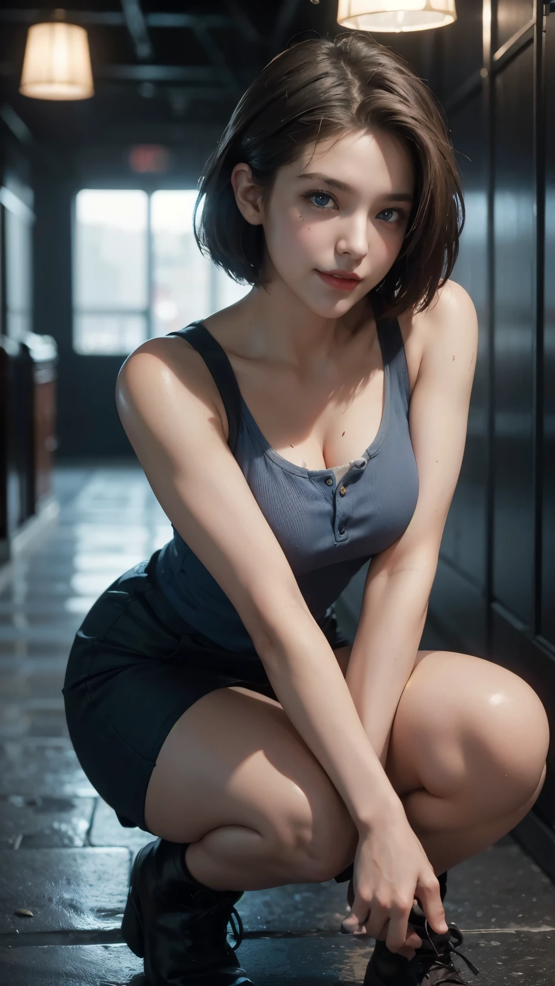 (masterpiece:1.3), (8K, Realistic, RAW Photos, Highest quality: 1.4), (One girl), Beautiful Face, (Realistic Face), (Black Hair, short hair:1.3), Beautiful hairstyle, Realistic eyes, Beautiful attention to detail, (Realistic Skin), Beautiful Skin, (sweater), Absurd, Charm, Ultra-high resolution, Ultra-realistic, Very detailed, Golden ratio sitting、 True Face、 Ultra mini skirt、Spread your legs、 I can see her panties、 Big Breasts、 Skirt flipped up、 Tank top、 Shaved、 Upper body naked、