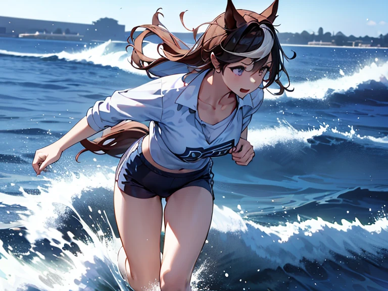 (Masterpiece,   top quality),    1 girl,  （   Horse Girl）   Chest,   running on water、sea、fast