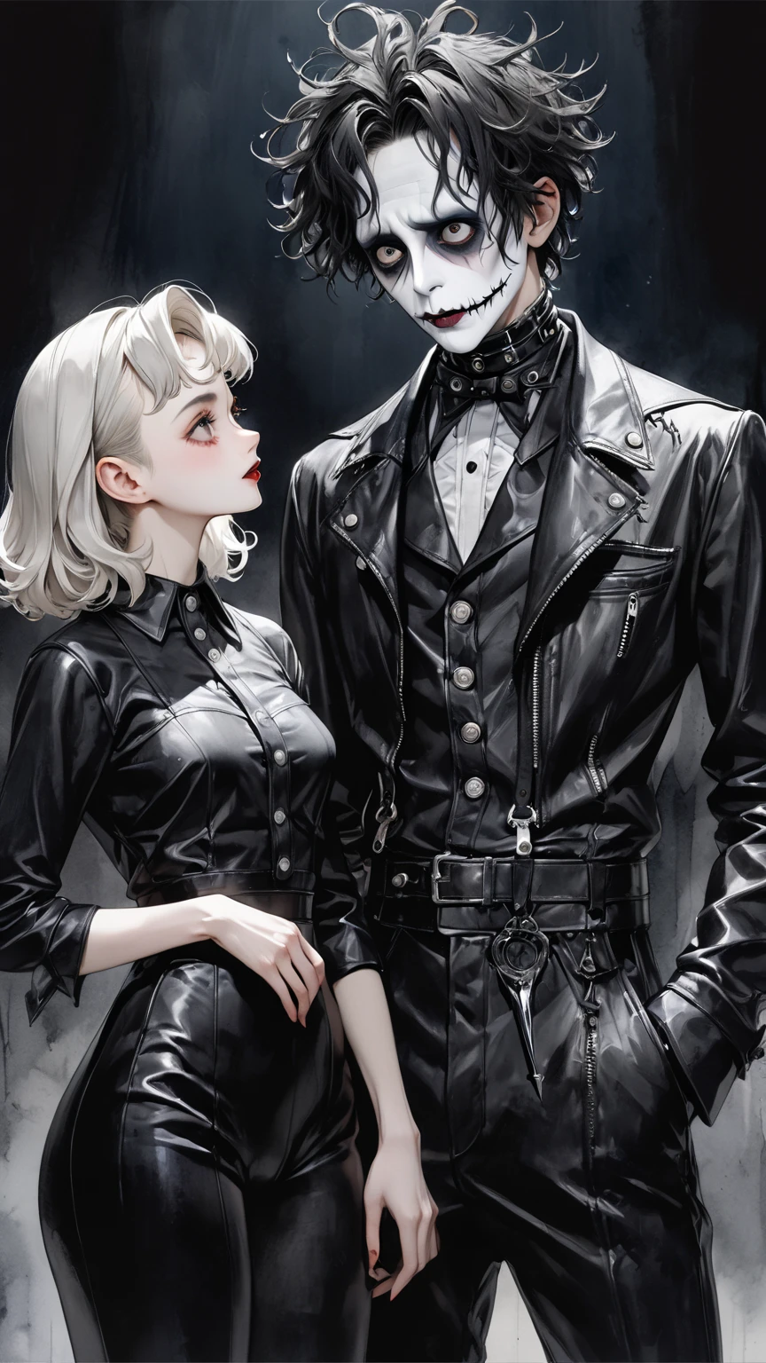 high res , masterpiece, Accurate,  top quality,  high res model,  high detail, Anatomically Accurate, Norman Rockwell & Tim Burton styl、Watercolor touch、 Edward Scissorhands、black leather costume、Skinny, fair-skinned man、alone,  dark background 、 fantasy、 Horror、 darkness、Gothic、men and women、2 people、50s style illustration、