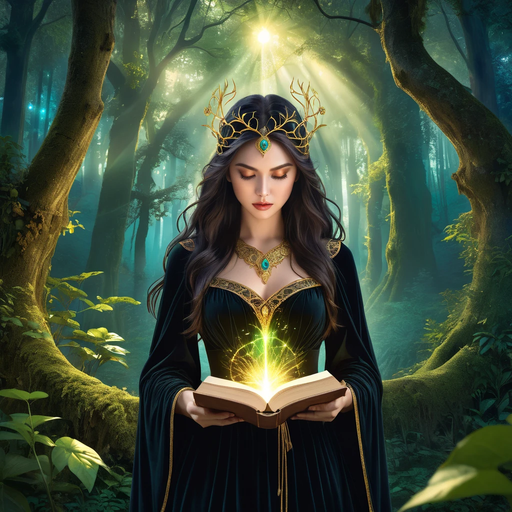 In this captivating digital illustration, we are drawn into a mystical forest bathed in ethereal light. At the center of the scene sits an enigmatic enchantress, her dark, flowing hair cascading over an intricately detailed black gown adorned with gold accents. She exudes an aura of power and mystery as she gazes intently at an ancient, glowing tome brimming with magical energy. The book, pulsating with a soft golden light, suggests that it holds arcane secrets and forbidden knowledge. 

Surrounded by towering trees and an atmosphere charged with an almost tangible energy, the forest serves as both a sanctuary and a source of power for the enchantress. The surrounding environment, filled with soft glowing particles, hints at the subtle interplay between nature and magic. This illustration explores the balance between the darkness of forbidden knowledge and the raw beauty of the natural world, portraying the enchantress as both a keeper and master of ancient, mysterious powers.