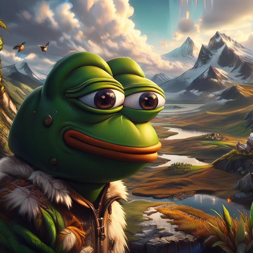 a pepe the goat in a surreal landscape, (best quality,4k,8k,highres,masterpiece:1.2),ultra-detailed,(realistic,photorealistic,photo-realistic:1.37),hyper detailed goat face with beautiful eyes and expressive features, detailed fur texture, digital art, surreal environment with floating islands, lush vegetation, dramatic lighting, vivid colors, cinematic composition