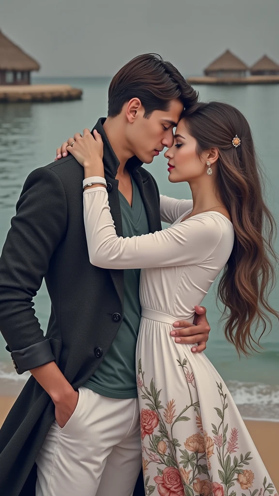 Change background beach with sunset, handsome boy, realistic faces, realistic midium white skin colour to both, boy in black vest and girl in pink Cotton Straight Kurta, realistic photography, 8k ultra hd, Low angle camera, Hugging and looking at each other