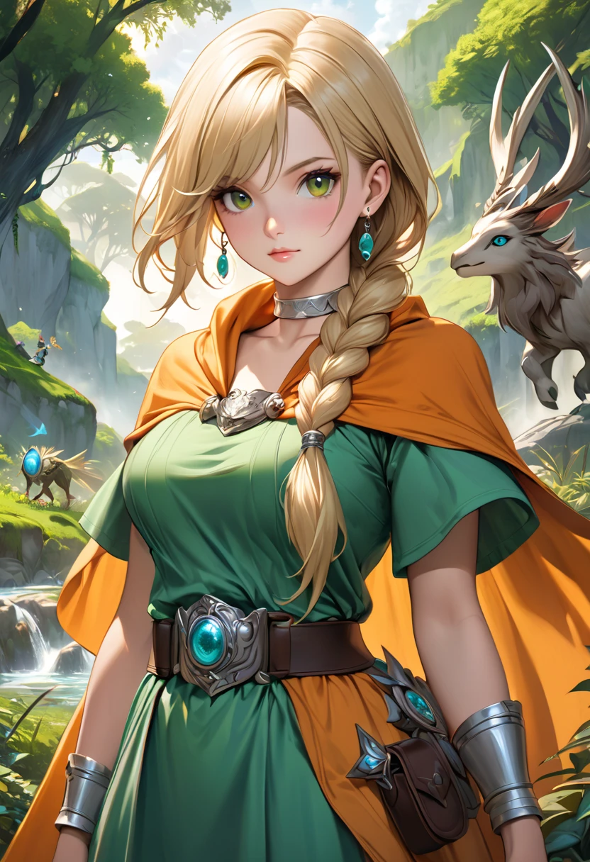 ultra-realism, illustrative realism, Epic fantasy art with magical creatures and lush landscapes, 1girl, solo, DQ Bianca, single braid, hair over shoulder, earrings, silver choker, orange cape, green dress, belt, from front, cowboy shot, looking at viewer, blonde hair, cute face in anime style, 