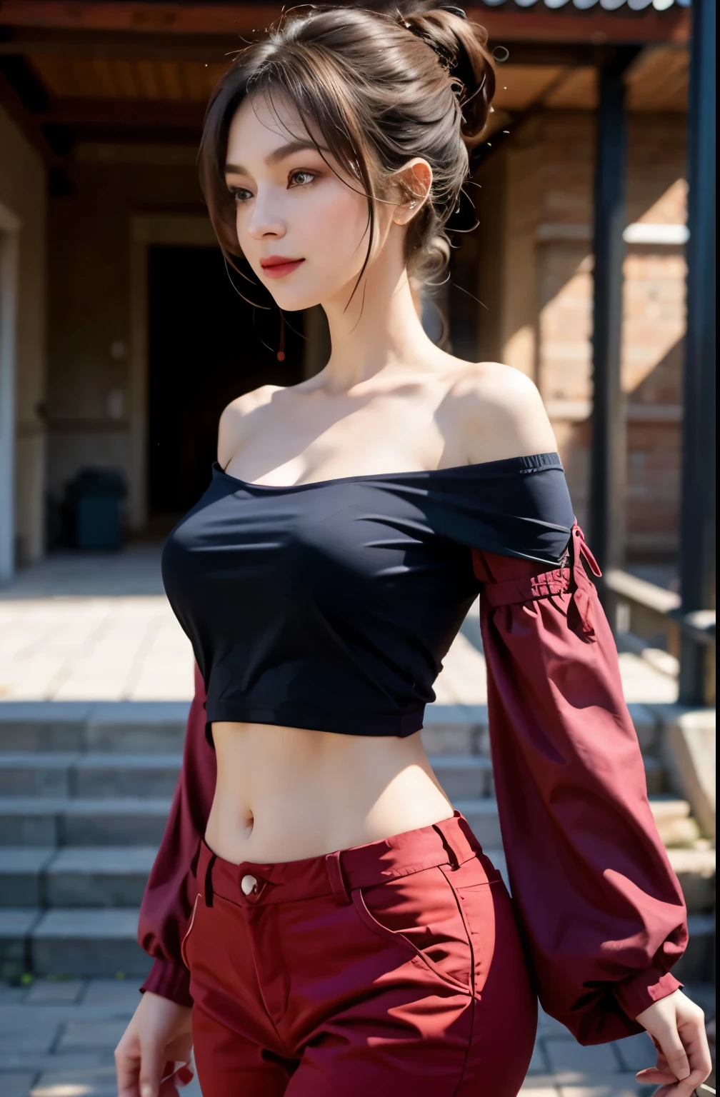 (最high quality, 8K, masterpiece: 1.3, Ultra HD, high quality, 最high quality, High resolution, realism)) 、25 year old white woman、brunette、blue eyes、long hair、smile、slender、slenderだがアスリートのような細マッチョ、I don&#39;t want my head to disappear from the screen.、Wear accessories on your wrist、Wearing red nail polish、I have a peticure、Sheer off-the-shoulder top((shoulder cutout tops))wear、Sheer Aladdin pants((aladdin pants))Wear、サンダルWear、Carry a tote bag over your shoulder、Braided ponytail((braided ponytail))、Skyscraper background、Waiting for a traffic light at an intersection