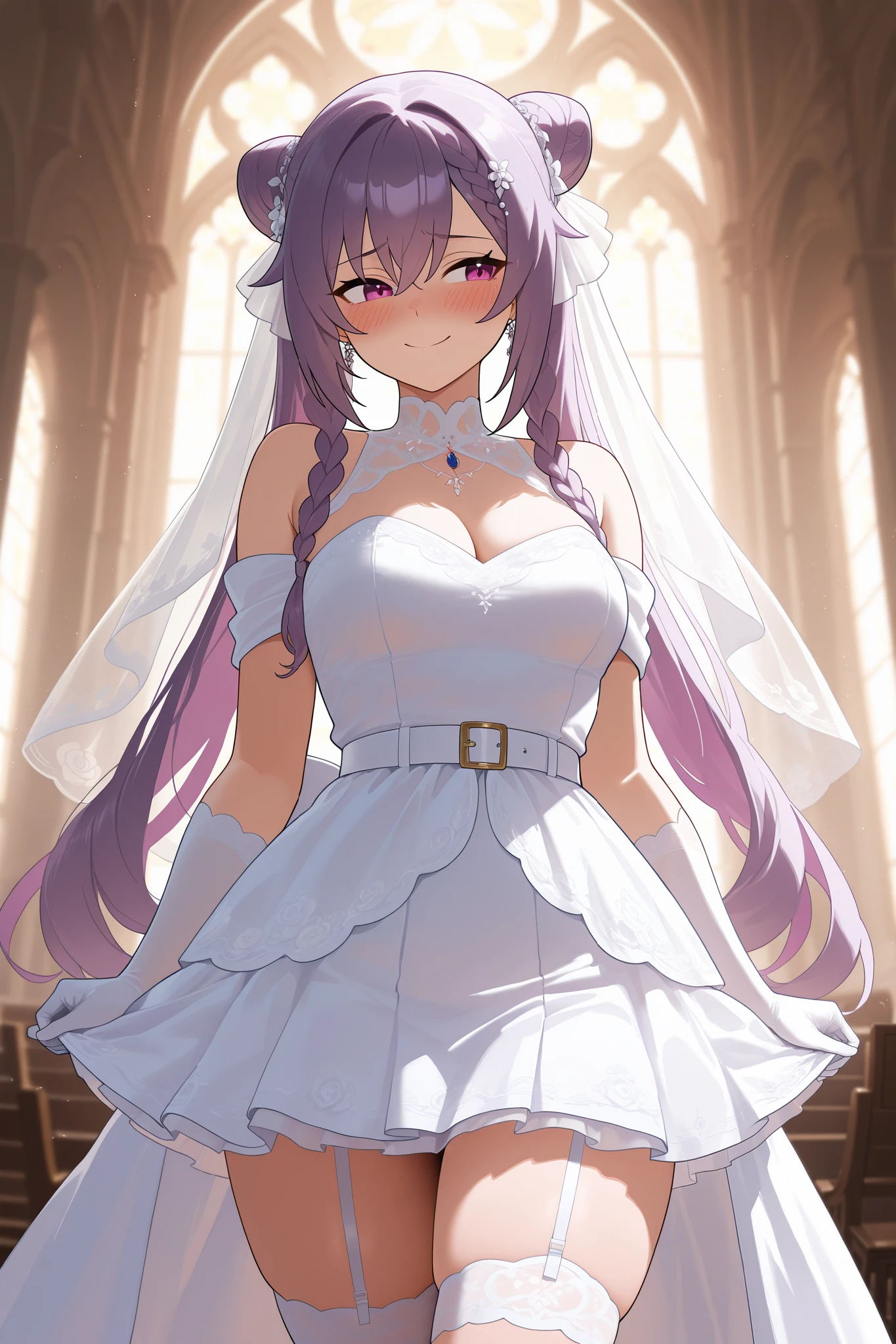 NSFW,masterpiece, top quality, high definition, very detailed,Keqing、 braids、コーンHair Bun、Hair Bun、 hair ornament、 Long Hair 、 purple eyes、 purple hair, wedding dress, miniskirt ,Veil, garter belt,church,Embarrassed,smile