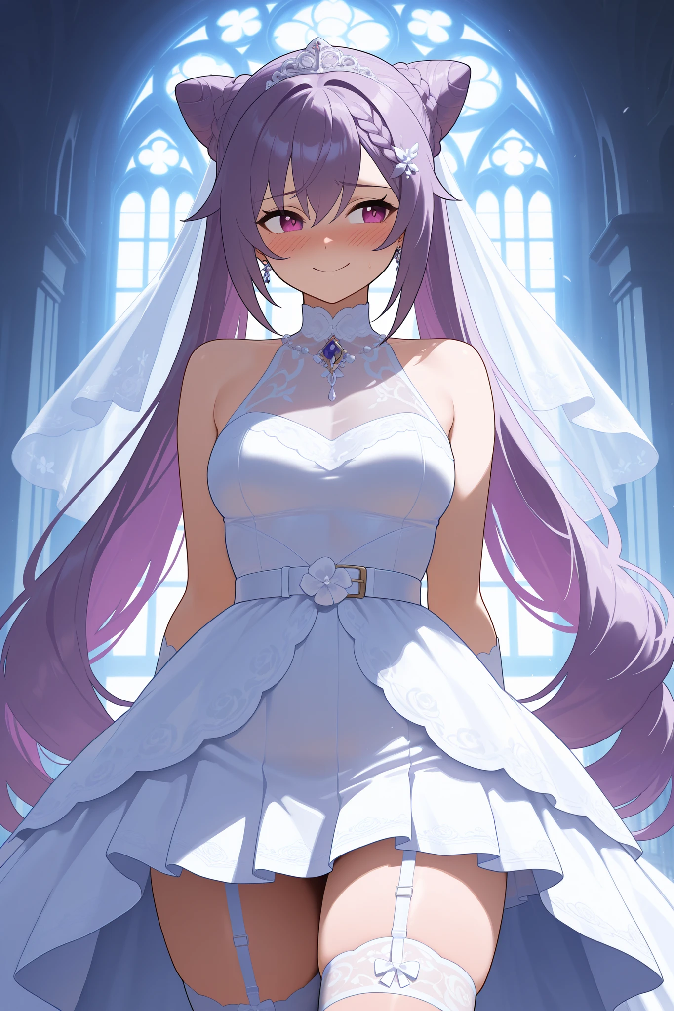 NSFW,masterpiece, top quality, high definition, very detailed,Keqing、 braids、コーンHair Bun、Hair Bun、 hair ornament、 Long Hair 、 purple eyes、 purple hair, wedding dress, miniskirt ,Veil, garter belt,church,Embarrassed,smile