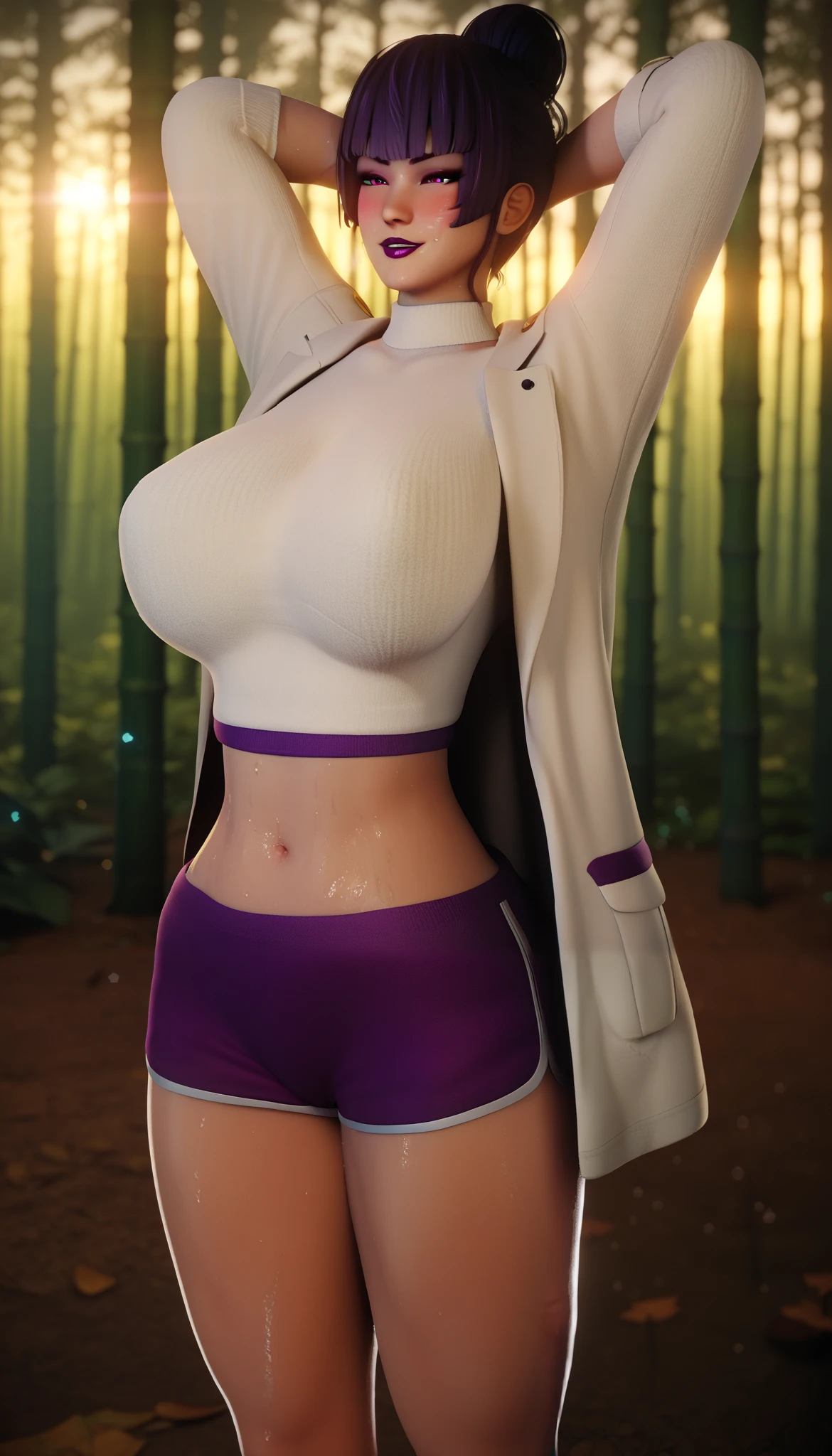 Score_9, Score_8_up, Score_7_up, bouqtm, 1girl, nyotengu, single hair bun, purple eyes, huge breasts, BREAK glow effects, godrays, Hand drawn, render, 8k, octane render, cinema 4d, blender, dark, atmospheric 4k ultra detailed, cinematic, Sharp focus, big depth of field, Masterpiece, colors, 3d octane render, 4k, concept art, trending on artstation, hyperrealistic, Vivid colors, extremely detailed CG unity 8k wallpaper, trending on CGSociety, Intricate, High Detail, dramatic, sweating, exxcesive sweating, sweating drop, ((gasping, heavy breathing:1.3)), makeup, BREAK half-closed eyes, shoes, dolphin shorts, sneakers, purple shorts, short shorts, coat, open coat, midriff peek, thighs, turtleneck, long coat, white coat, sweater, long sleeves, white sweater, nature, forest, bamboo forest, bokeh, spotlight, seductive smile, blush, lips, standing, arm behind head