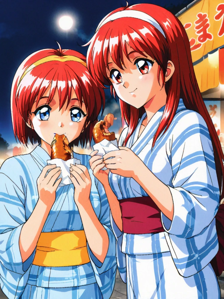 masterpiece, best quality, two girls, misaka mikoto, toaru kagaku no railgun, shirai kuroko, toaru kagaku no railgun, Furisode, These women happily eat their way through the food stalls where people are passing by., Street Food Stall,