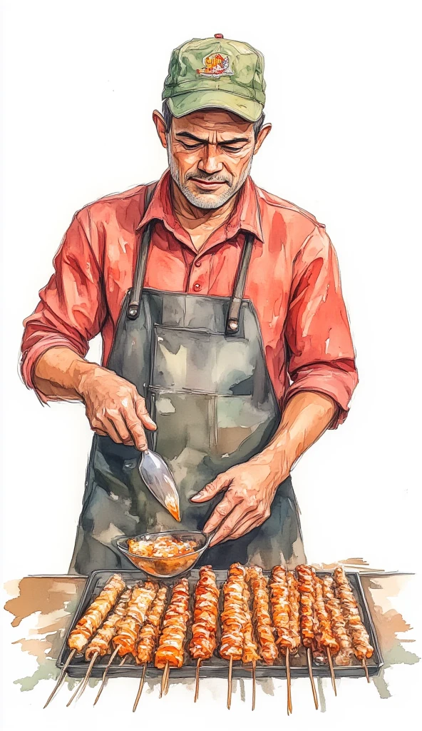 a photograph of a man from malaysia making satay in his food stall, white background