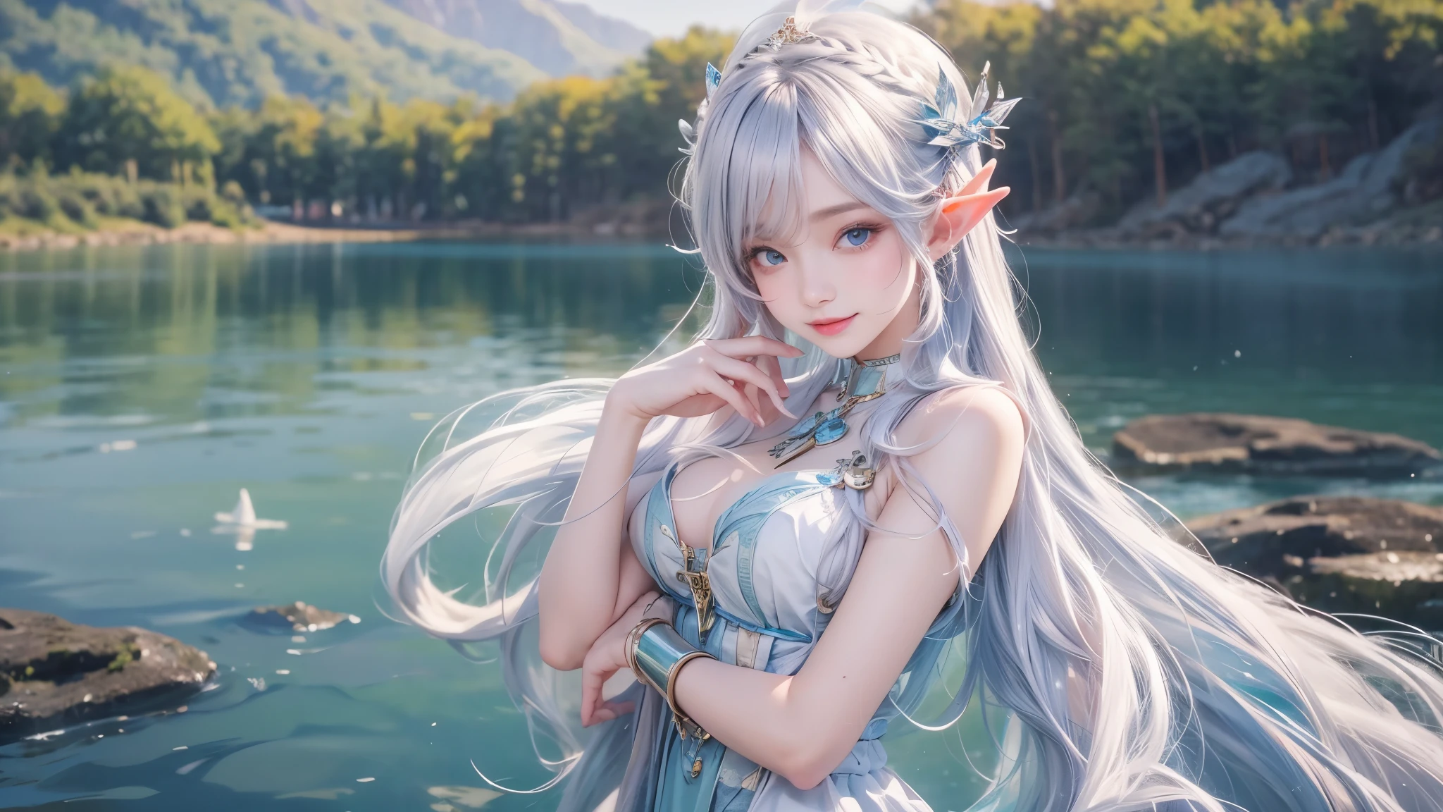 (master piece),(4k),high quality, small breasts,1girl,elf,long silver hair,pale skin,smile,white and blue costume,lakeside,(beautiful fantasy anime),film Lighting
