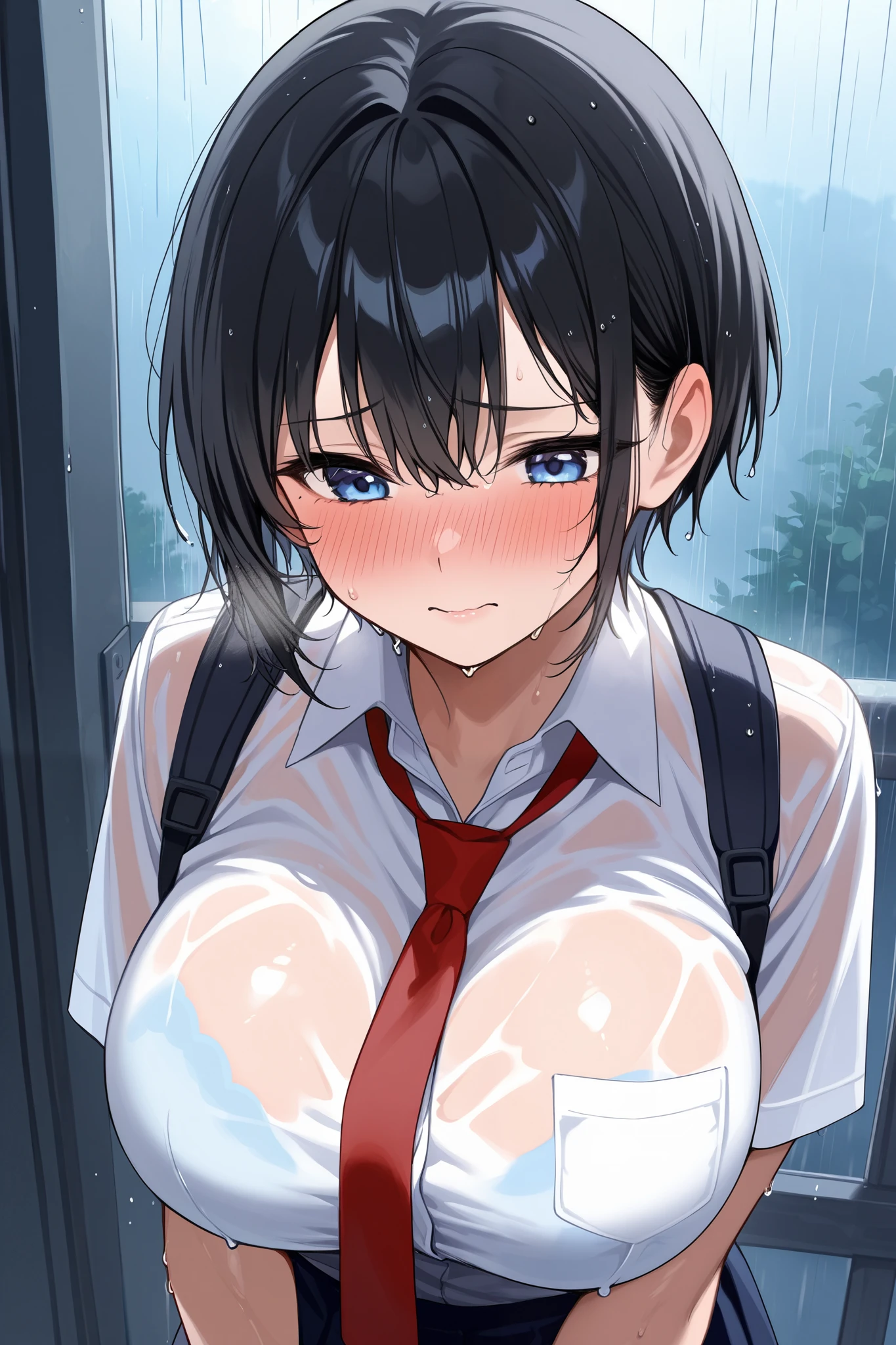 Alley、Black bob hair、hairpin、high school girl、Orgasm facial expression、Large Breasts、Soft Breastan behind、((Sex from behind:1.5))、Saggy breasts、Light pink nipples、Lift one leg